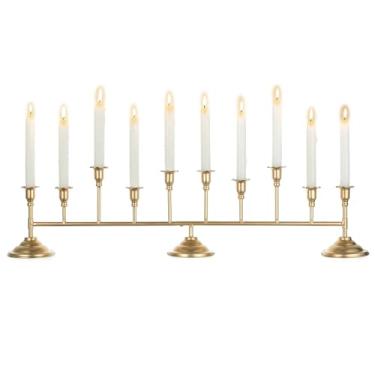 Imagem de Sziqiqi Castiçal dourado candelabro: centros de mesa de candelabro de 81 cm de comprimento - Suporte de castiçal cônico vintage de 10 braços para decoração de lareira de mesa de jantar