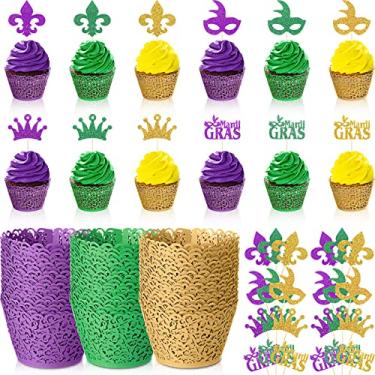 Imagem de 120 Pcs Mardi Gras Baking Wrapping Set Include 60 Pcs Artistic Cupcake Wrappers Bake Cake Paper Cups Little Vine Lace Laser Cut Liner and 60 Pcs Glitter Cupcake Toppers for Party Decoration
