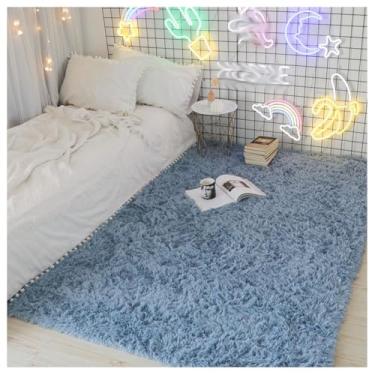 Imagem de SPXMQSS Tapetes de área para sala de estar, tapete de pelúcia longo macio para quarto, antiderrapante, antiderrapante, lavável à máquina para sala de estar, quarto, cabeceira, casa azul 200 x 250 cm