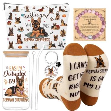 Imagem de Shejdgart Presentes para amantes de cães para mulheres - Presentes de pastor alemão, copo de vidro de 473 ml, bolsa de maquiagem, conjunto de chaveiro, pulseira de contas, presente de presente de