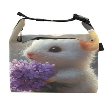 Imagem de STAYTOP Lancheira fofa branca de rato e flores com fivela de alça, lancheira isolada para meninos e meninas lancheira para trabalho escolar