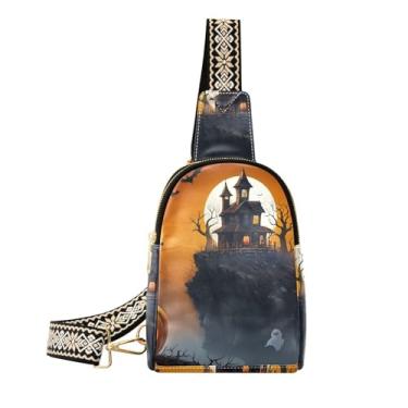 Imagem de CEBUGI Spooky House pequena bolsa tiracolo feminina de couro, pochete tiracolo para trilhas, viagens ao ar livre