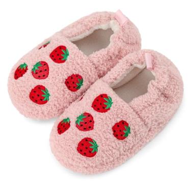 Imagem de KAKU NANU Chinelos infantis fofos de desenhos animados de animais para meninas e meninos chinelos de lã quente para uso doméstico de inverno, Rosa e morango, 9-10 Toddler