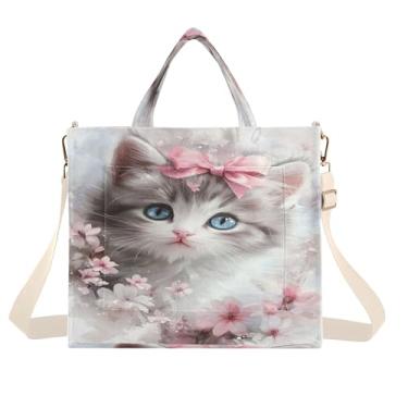 Imagem de Burbuja Sacola feminina fofa com flores de gatinho, bolsa tiracolo de veludo cotelê, para compras, trabalho, viagem, P, B146, Small