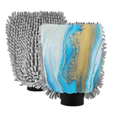 Imagem de STAYTOP Lindas luvas de lavagem de carro com textura de mármore, 2 peças, luvas de microfibra de chenille, sem arranhões, panos de esponja de lavagem ultra absorventes para carros, limpeza doméstica