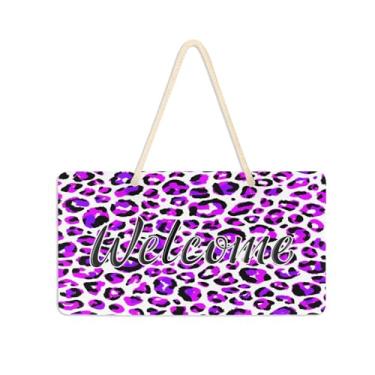 Imagem de Burbuja Placa de boas-vindas com estampa de leopardo roxo para porta da frente, placa de boas-vindas de PVC para decoração de férias, 15 x 28 cm