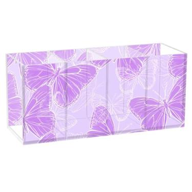 Imagem de Burbuja Porta-canetas de acrílico borboletas roxas, 4 compartimentos, suporte de lápis transparente para pincéis de maquiagem, acessórios de mesa de escritório em casa
