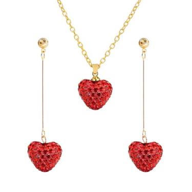 Imagem de coadipress Conjunto de colar de brincos de coração vermelho com strass para mulheres joias de dia dos namorados presentes para ela brincos de gota de coração brilhante de cristal acessórios de roupa