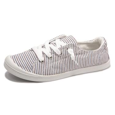 Imagem de Tênis feminino de lona, cano baixo, casual, para caminhada, clássico, confortável, sem cadarço, Listra azul e marrom, 36