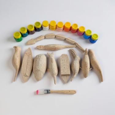 Imagem de Kit de Pintura de Brinquedos de Madeira Miriti com Pincel e Tinta, Artesanato Infantil, Figuras de Animais e Objetos para Colorir - 12 cores