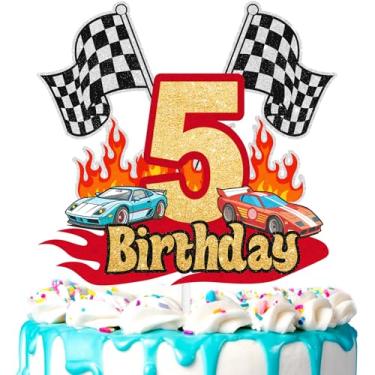 Imagem de Topo de bolo de carro de corrida infantil 5º tema de corrida feliz aniversário bandeira quadriculada decorações de estrada meninos e meninas piloto festa de aniversário carro temático roda de festa