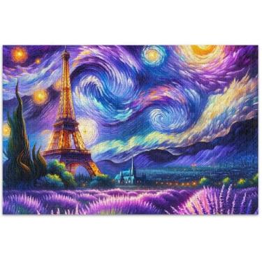 Imagem de Quebra-cabeça de flores de lavanda noite estrelada para adultos 1000 peças de brinquedo de arte quebra-cabeças rígidos família amantes presentes, 75 x 40 cm