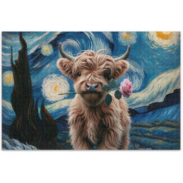 Imagem de Noite Estrelada Vaca Highland Adulto Quebra-cabeça 500 Peças Jogo de Brinquedo Arte Colorida Quebra-cabeça Elefantes Brancos Presentes, 50 x 35 centímetros