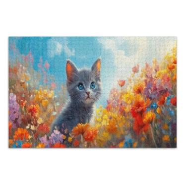 Imagem de Quebra-cabeças adultos com flores de gatinho brincalhão, 500 peças, quebra-cabeça adulto com letras nas costas