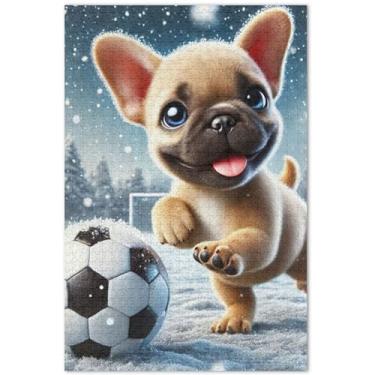 Imagem de Quebra-cabeça Bulldog Filhote de cachorro futebol fofo adultos 1000 peças presentes presentes mordaça presente quebra-cabeça pintura animal, 75 x 40 centímetros