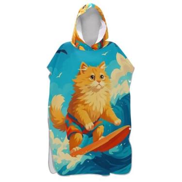Imagem de Lindo gato verão surf poncho trocador para adultos toalha de banho com capuz plus size homens mulheres poncho com capuz