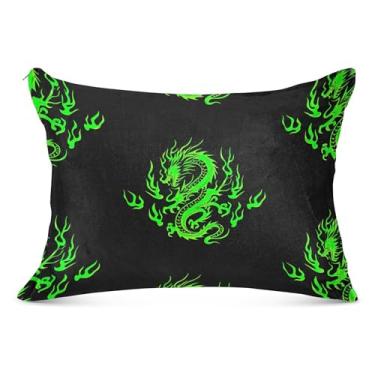 Imagem de Almofada decorativa com zíper dragão verde preto pintura padrão queen king travesseiro cama presente vida saudável, tamanho padrão, 50,8 cm x 66 cm