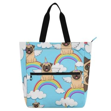 Imagem de GAIGEO Linda bolsa de trabalho feminina Pug arco-íris unicórnio bolsa de trabalho de lona bolsa escolar bolsa feminina infantil presente para amantes de livros bolsas