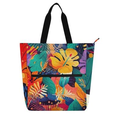 Imagem de GAIGEO Bolsa sacola colorida com estampa de flores tropicais com zíper resistente à água para mulheres, crianças, trabalho, escola, bolsa de lona reutilizável