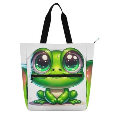 Imagem de Sacola fofa de sapo de desenho animado para mulheres, trabalho, lona, zíper, bolsa de praia, professores, livros, presente para amantes de livros