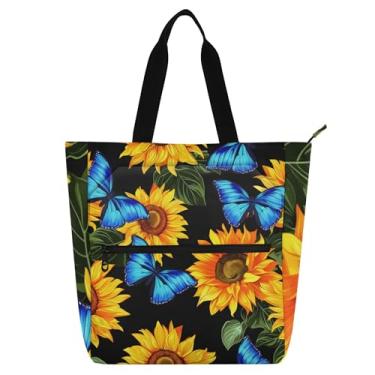 Imagem de GAIGEO Sacola de trabalho para mulheres, girassóis vibrantes, borboletas, azuis, borboletas, pretas, bolsas de lona, faculdade, escola, bolsas, senhoras, crianças, amantes de livros