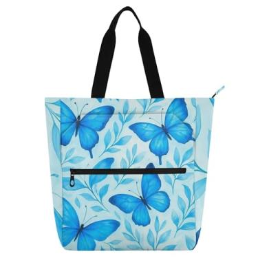 Imagem de GAIGEO Bolsa de trabalho com folhas de borboletas azuis para mulheres, bolsa de lona para livros de praia com zíper, bolsa de professores com compartimentos