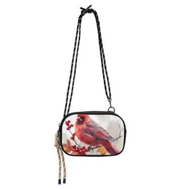 Imagem de TSENQUE Uma bolsa feminina de pássaro vermelho com bagas pequenas bolsas transversais para celular com alça de cinto, bolsa de ombro pequena para viagem