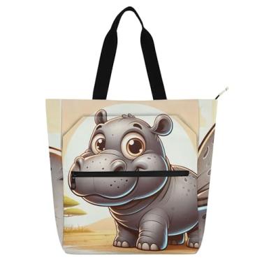 Imagem de Bolsa de trabalho feminina com estampa de hipopótamo de desenho animado para mulheres, bolsa de praia com zíper, carteiro, para amantes de livros, presentes