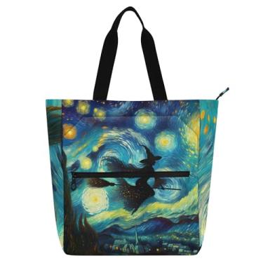 Imagem de Bolsas de trabalho fantásticas de bruxa noite estrelada para mulheres, sacola de lona, praia, escola, reutilizável, presente para amantes de livros