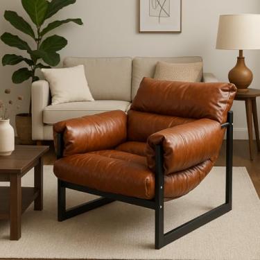 Imagem de Poltrona do Presidente ampla de couro moderna para sala de estar, cadeira grande capacidade para pessoas altas, Poltrona confortável com base de madeira