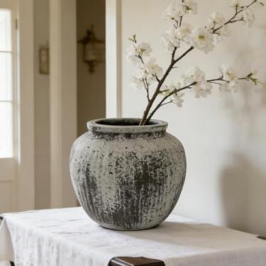 Imagem de Oakrain Vaso grande rústico minimalista, vaso redondo envelhecido de 28 cm para decoração de casa, plantadores de centros de fazenda para sala de estar em ambientes internos e externos, cinza