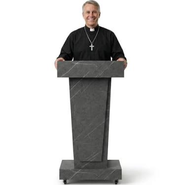 Imagem de BERPET Suporte de pódio de madeira com apoio para os pés, púlpito com armazenamento, acabamento de textura de mármore, mesa de 59,9 cm, orifícios para cabos embutidos, base resistente, púlpito móvel