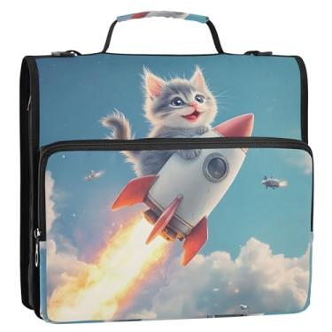 Imagem de Organizador de fichário com zíper de desenho animado, 3 anéis, anel D de 3,8 cm, fofo, gatinho, foguete, vários bolsos, pasta grande com alça bolsa escolar