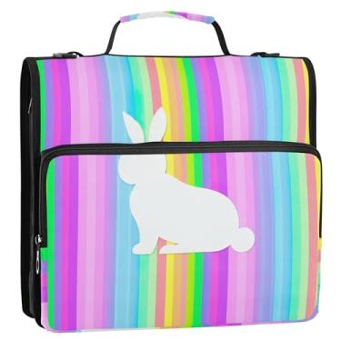 Imagem de 3 fichários de coelho branco com listras arco-íris, anel D de 3,8 cm, organizador de fichário escolar com alça de ombro, pasta de portfólio de armazenamento com alça de ombro com alça