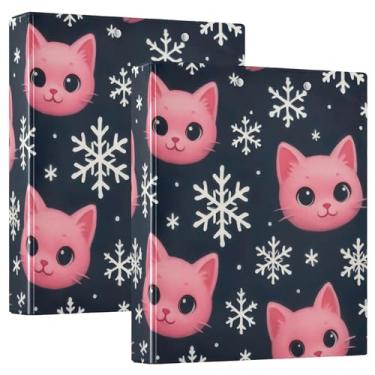 Imagem de Fichários de 3 anéis personalizados fofos de gato rosa branco flocos de neve 3 polegadas comporta 200 folhas, anel redondo fofo, fichário de escritório, 31,5 x 27 x 6 cm, pacote com 2