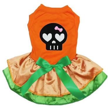 Imagem de Petitebella Vestido de cachorro com cara de caveira preta (laranja/laranja verde cetim, pequeno)