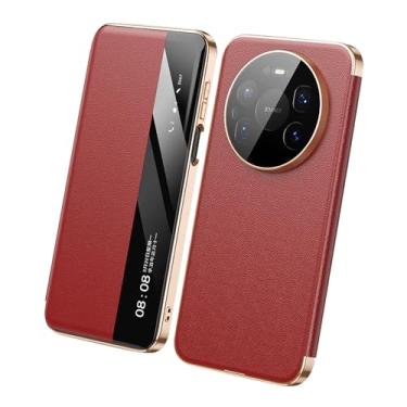 Imagem de FWYANZH Capa de couro genuíno para Huawei Mate 80 Pro Max/80 Pro/80, Smart Clear View Window Flip Cover Proteção da câmera Fecho magnético Capa de luxo, Vermelho, 80