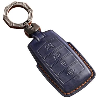Imagem de Capa de couro artesanal para chave de carro compatível com Hyundai Genesis 2017 2018 2019 2020 G70 G80 G90 4 botões Chave Fob Shell Chaveiro Acessórios para automóveis(Blue)