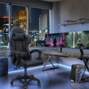 Imagem de Cadeira Gamer Ergonômica Premium com Almofadas Lombar e Cervical – Couro PU, Braços 3D Ajustáveis, Reclinável 155°, Suporte 180kg(Preto)