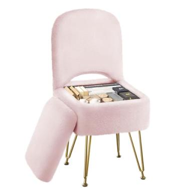 Imagem de GREENSTELL Cadeira Vanity com armazenamento e encosto dobrável, 40 x 42 x 83 cm, pufe macio de pele sintética, 4 pernas de metal com pés antiderrapantes, assento acolchoado peludo para maquiagem