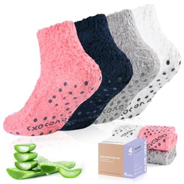 Imagem de Revosoxs Meias femininas com aderência hospitalar, antiderrapantes e felpudas com perfume de Aloe Vera, pantufas grossas e quentes e fofas com aderência (rosa vermelha + azul marinho + cinza +