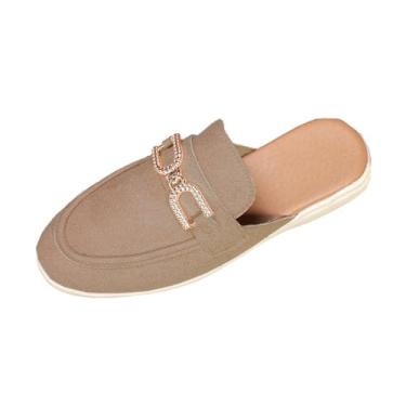 Imagem de Sandálias rasteiras femininas com enfeites de estilo étnico, meio chinelos confortáveis para uso casual ao ar livre., Caqui, 39