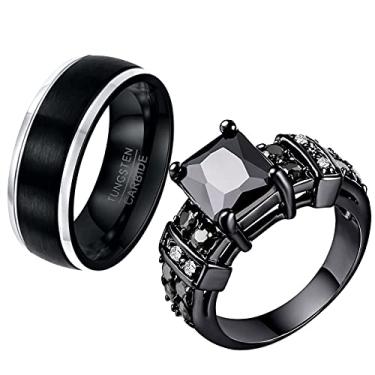 Imagem de ringheart 2 anéis pretos para ele e ela anéis de casal anel combinando 1ct CZ anel de casamento feminino tungstênio masculino alianças de casamento, women size9 & men size12, Metal Cristal Metal