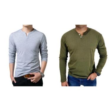Imagem de Kit 2 Camiseta Henley Masculina Slim Fit 2 Botões Algodão Canelado - J