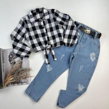 Imagem de Conjunto Country Infantil Camisa Xadrez Calça Jeans Feminina Novidade 