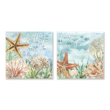 Imagem de Arte de parede costeira decoração de parede oceano concha estrela do mar coral impressão em tela criaturas marinhas subaquáticas imagens de grama do mar pequenas obras de arte emolduradas para