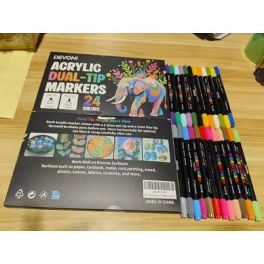 Imagem de DEYONI Marcadores de tinta acrílica de 24 cores, canetas de tinta acrílica de ponta dupla, marcadores para rocha, tecido, madeira, vidro, artesanato, decoração, artesanato para adultos