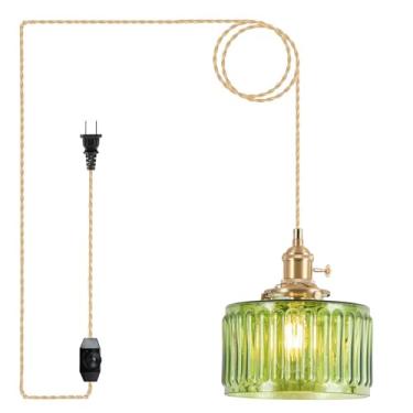 Imagem de Luminárias pendentes de vidro retrô, luminária suspensa plugue, luminária pendente vintage com abajur de vidro verde para cozinha, ilha, quarto, sala de jantar, sala de estar, cabeceira - diâmetro 17