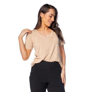 Imagem de Camiseta Feminina Olho Fatal Gola V Estampa Pássaros Bege-Feminino