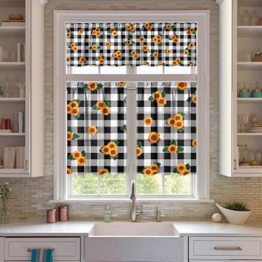 Imagem de Nojuikm Conjunto de 3 peças de cortinas e sanefas de cozinha xadrez de girassol engraçado para decoração de janela pequena cortinas sobre a pia para cozinha, quarto, lavanderia, decoração de casa 70 x